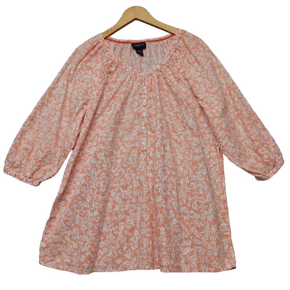 Lane Bryant Women Plus Sz 18/20 Peach Floral Peasant Top 3/4 Sleeves Boho